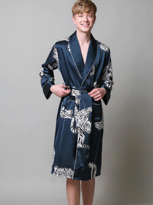 Robe de Chambre en Satin pour Homme Imprimé Tigre Bleu Marine Prestige
