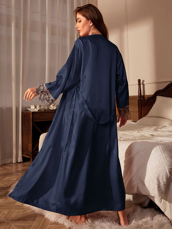 Robe de Chambre Longue en Satin pour Femme | Bleu Marine | Tendre Satin