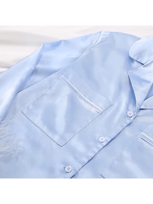 Fleur de Lune Pyjama en Satin Bleu Ciel pour Femme