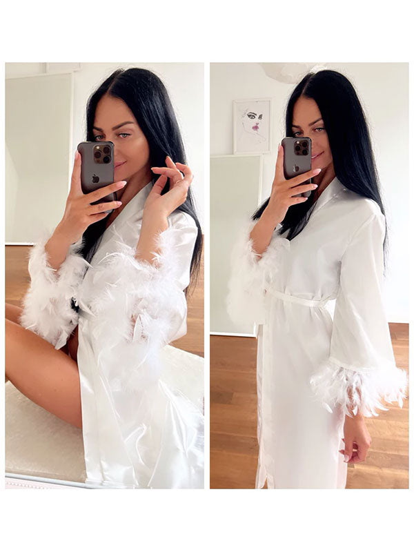 Robe de Chambre en Satin pour Femme Fourrure Blanche Luxe