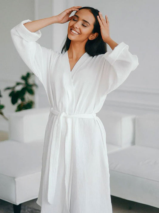 Robe de Chambre Femme mi-Longue en Coton Blanc | Nid Douillet