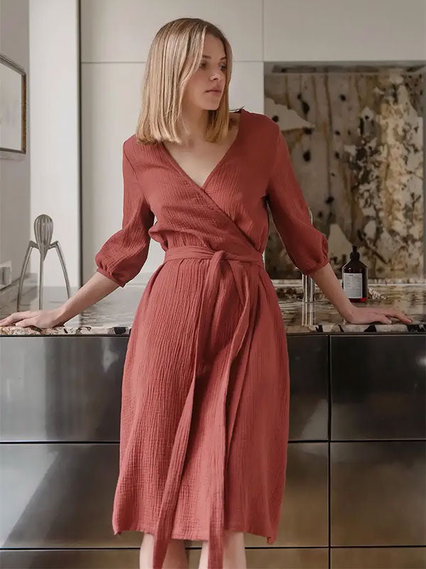 Robe de Chambre Rouge en Coton pour Femme | Flocon de Douceur
