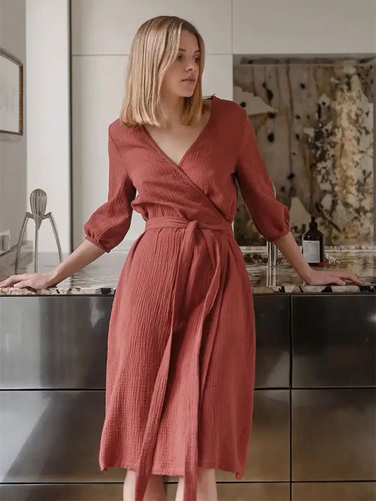 Robe de Chambre Rouge en Coton pour Femme | Flocon de Douceur
