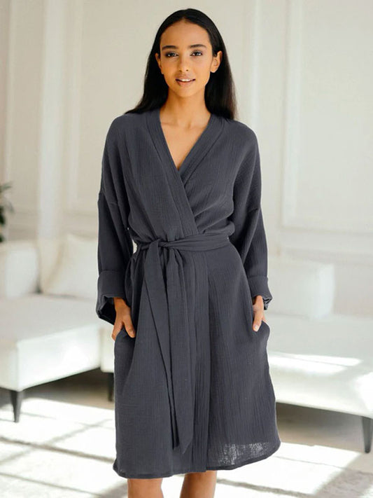 Nid Douillet Robe de Chambre Femme mi-Longue en Coton Bleu Pétrole