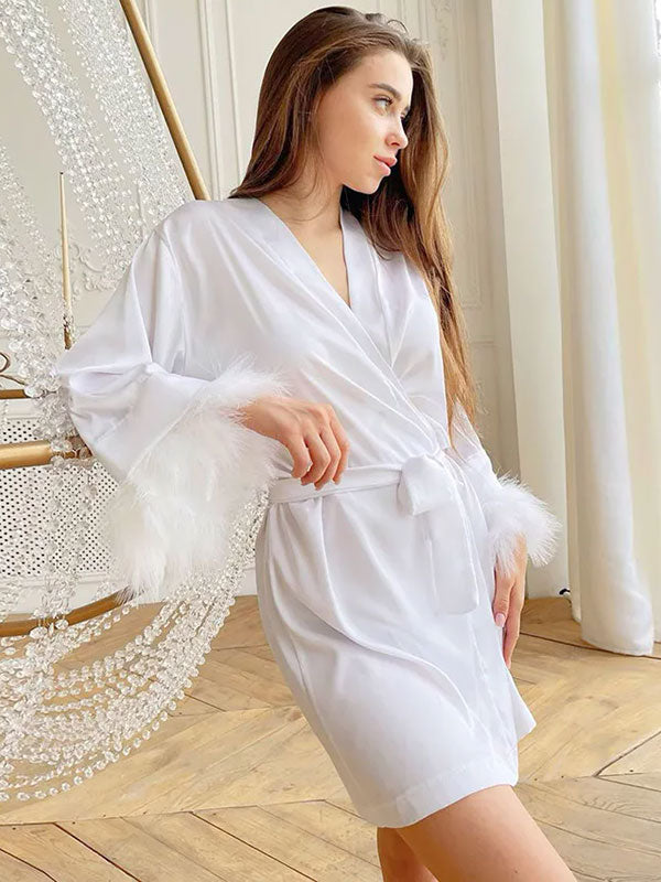 Robe de Chambre Élégante Manches à Fourrures pour Femme Élégance Matinale Signature