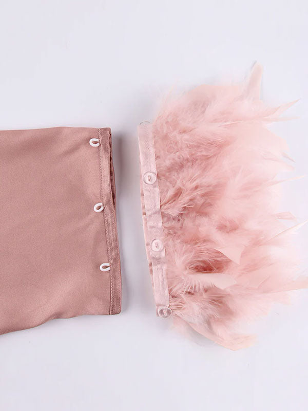 Robe de Chambre Élégante à Plumes Rose Champagne Flocon de Satin Signature