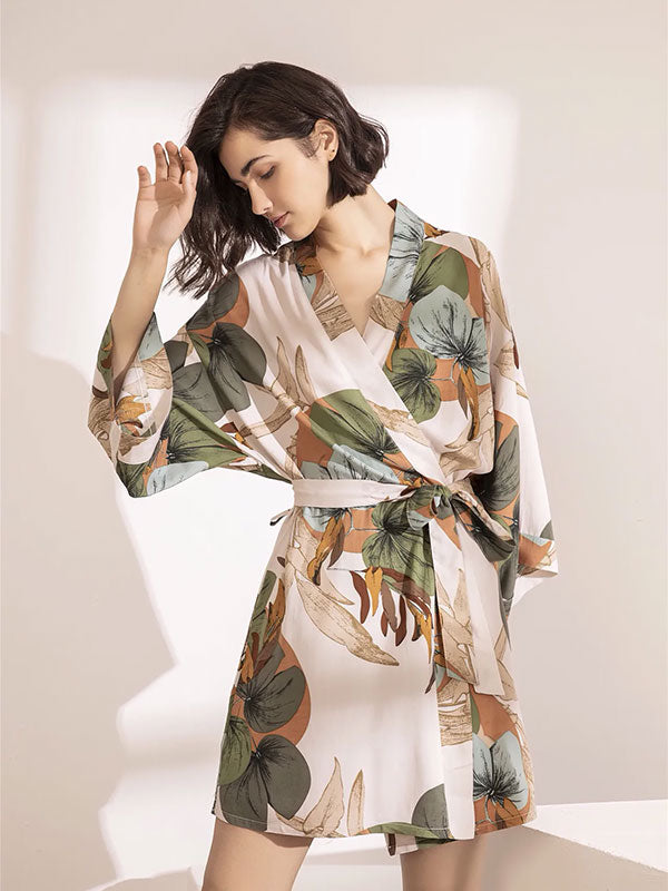 Paradis Palmier | Robe de Chambre en Satin pour Femme