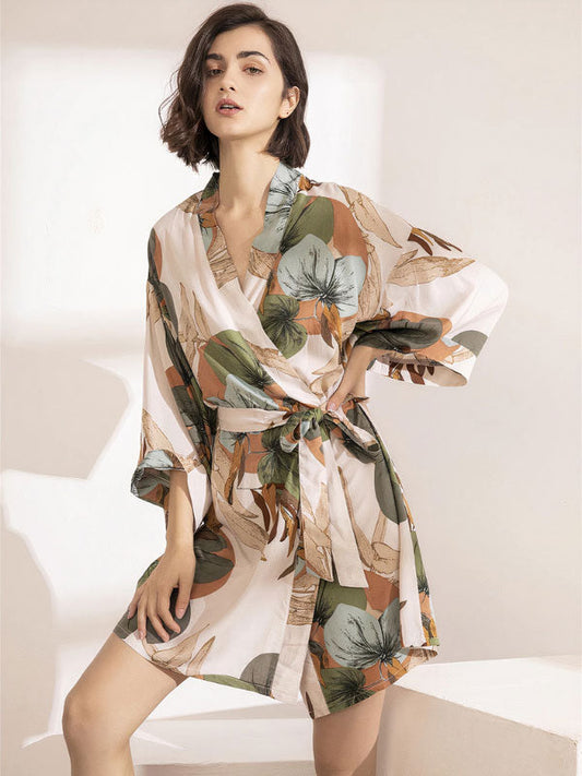 Paradis Palmier | Robe de Chambre en Satin pour Femme